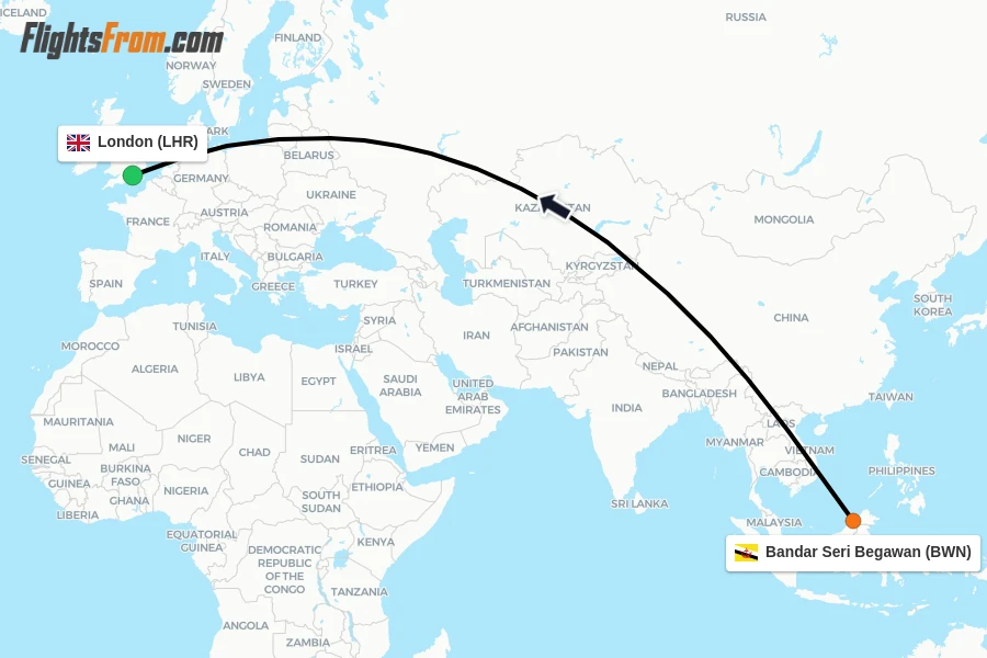 Flights from Bandar Seri Begawan to London route map