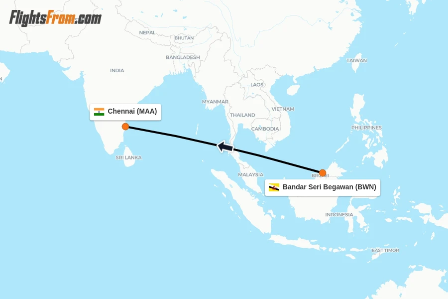 Flights from Bandar Seri Begawan to Chennai route map