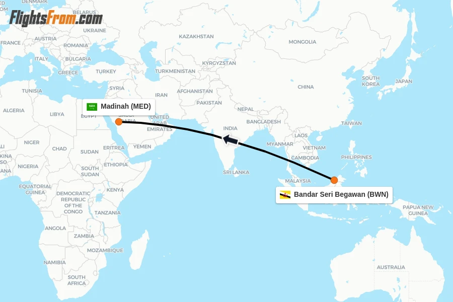 Flights from Bandar Seri Begawan to Madinah route map