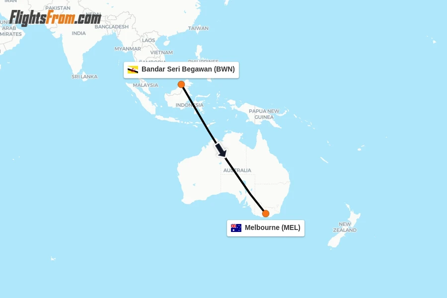 Flights from Bandar Seri Begawan to Melbourne route map