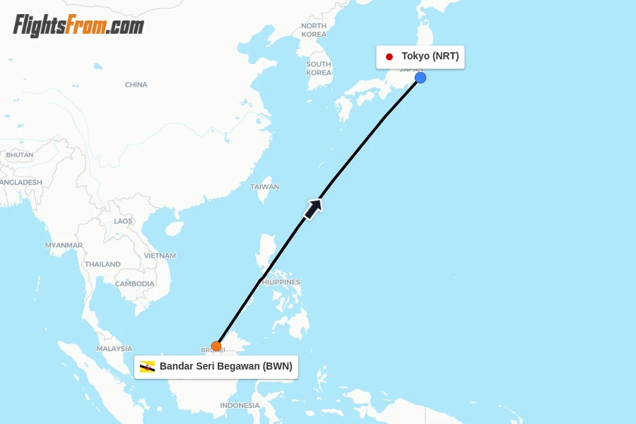 Flights from Bandar Seri Begawan to Tokyo route map