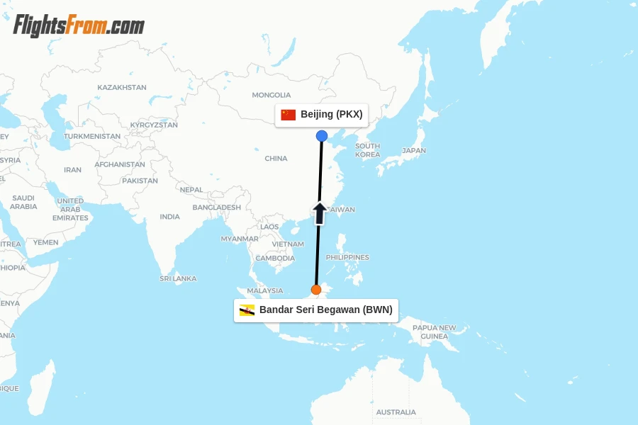 Flights from Bandar Seri Begawan to Beijing route map