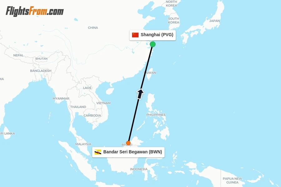 Flights from Bandar Seri Begawan to Shanghai route map