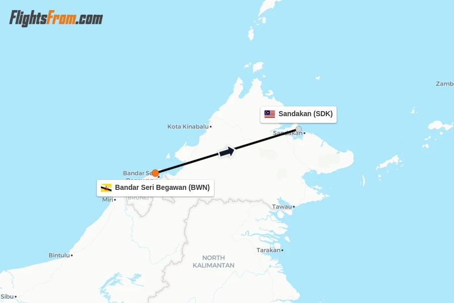 Flights from Bandar Seri Begawan to Sandakan route map
