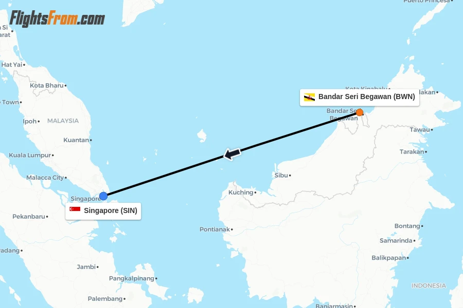Flights from Bandar Seri Begawan to Singapore route map