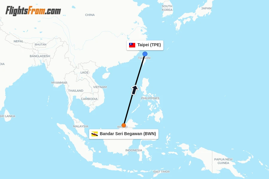 Flights from Bandar Seri Begawan to Taipei route map