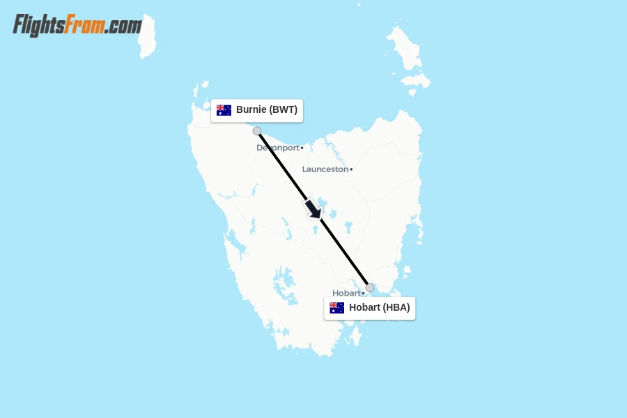 Flights from Burnie to Hobart route map