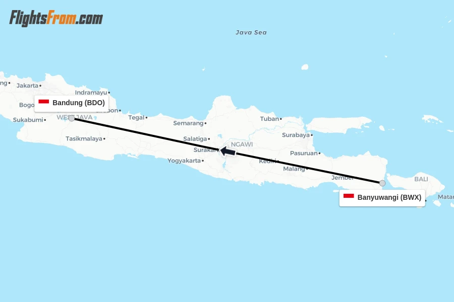 Flights from Banyuwangi to Bandung route map