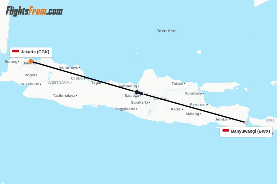 Flights from Banyuwangi to Jakarta route map