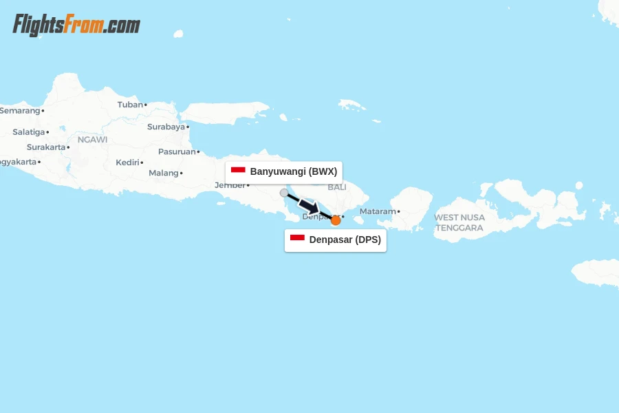 Flights from Banyuwangi to Denpasar route map