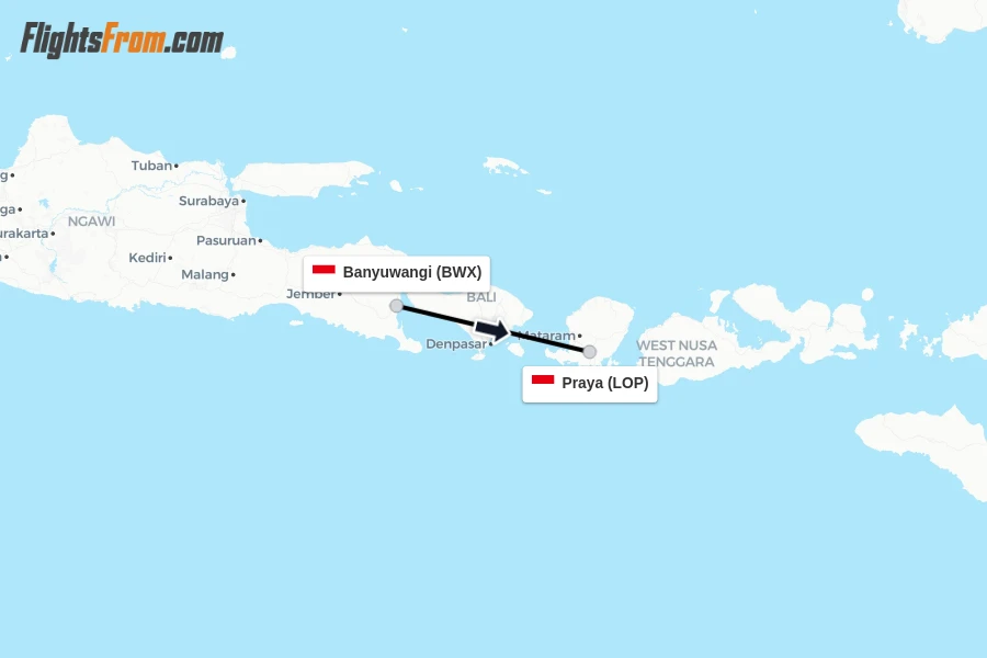 Flights from Banyuwangi to Praya route map