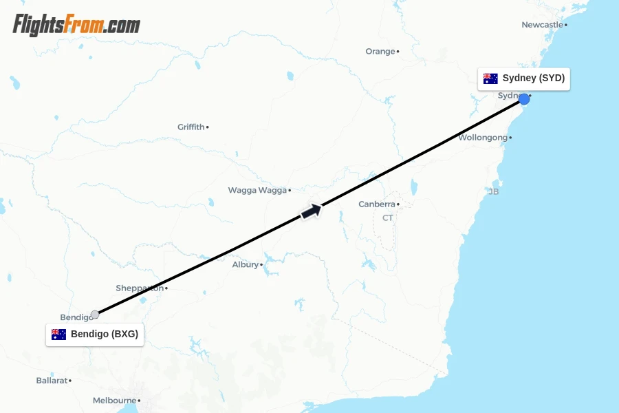 Flights from Bendigo to Sydney route map