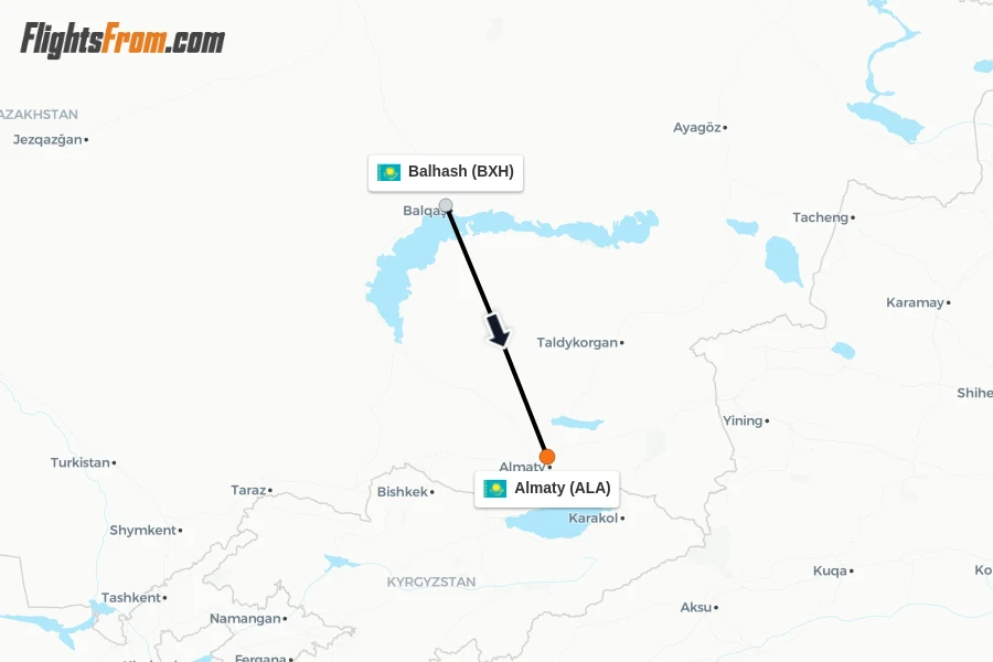 Flights from Balhash to Almaty route map