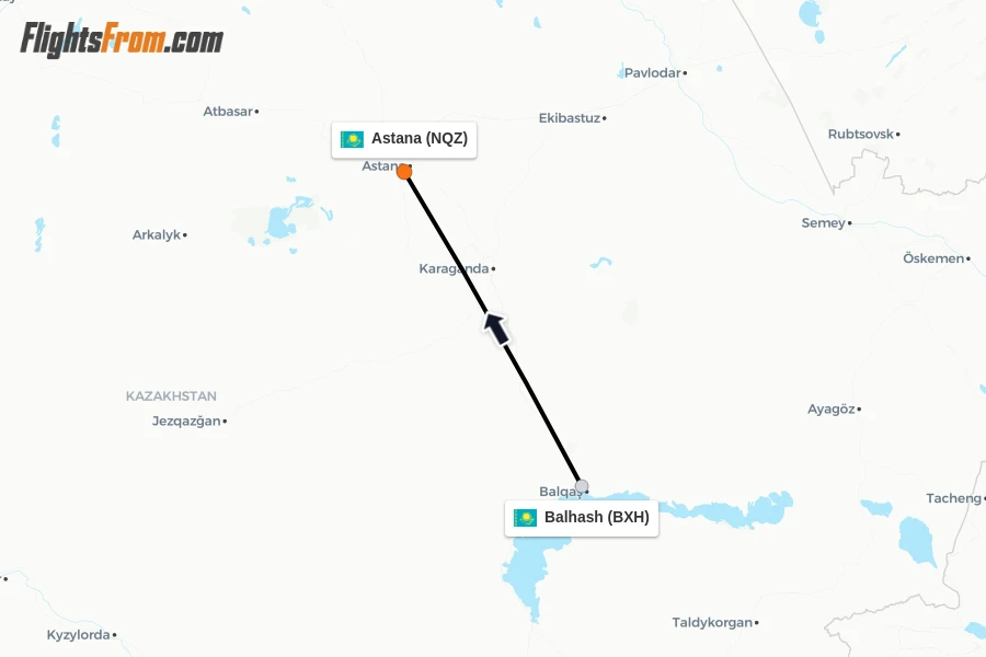 Flights from Balhash to Astana route map