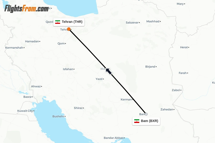 Flights from Bam to Tehran route map