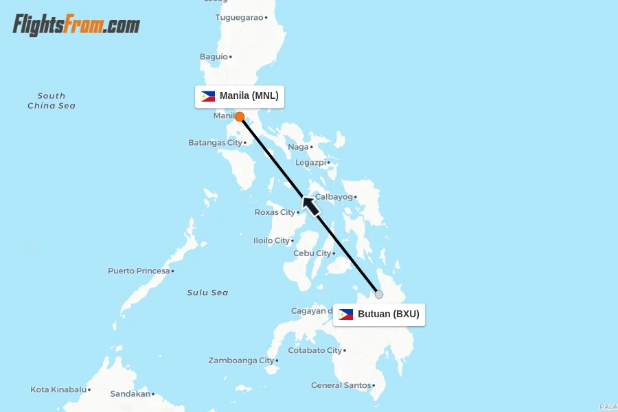 Flights from Butuan to Manila route map