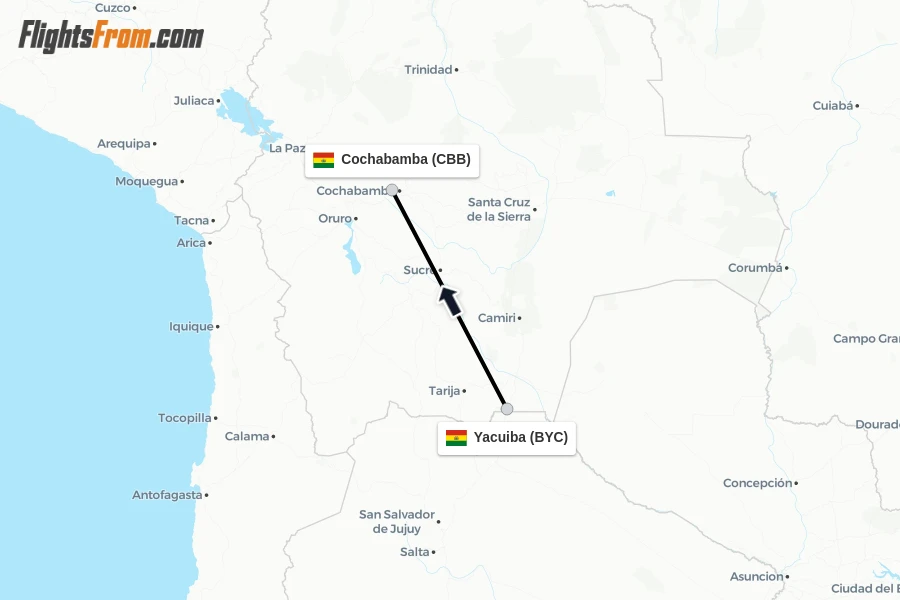 Flights from Yacuiba to Cochabamba route map