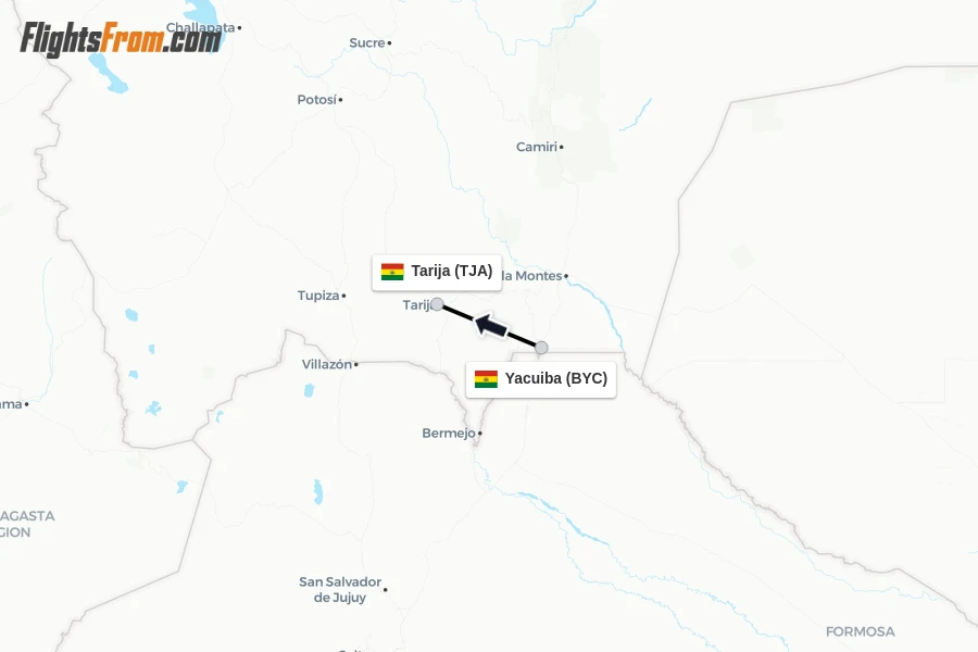 Flights from Yacuiba to Tarija route map
