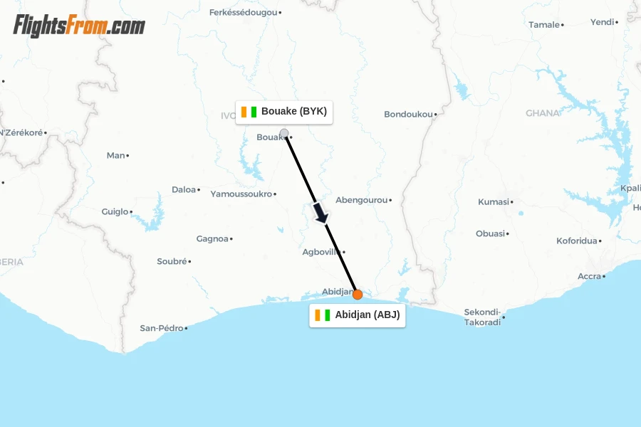 Flights from Bouake to Abidjan route map