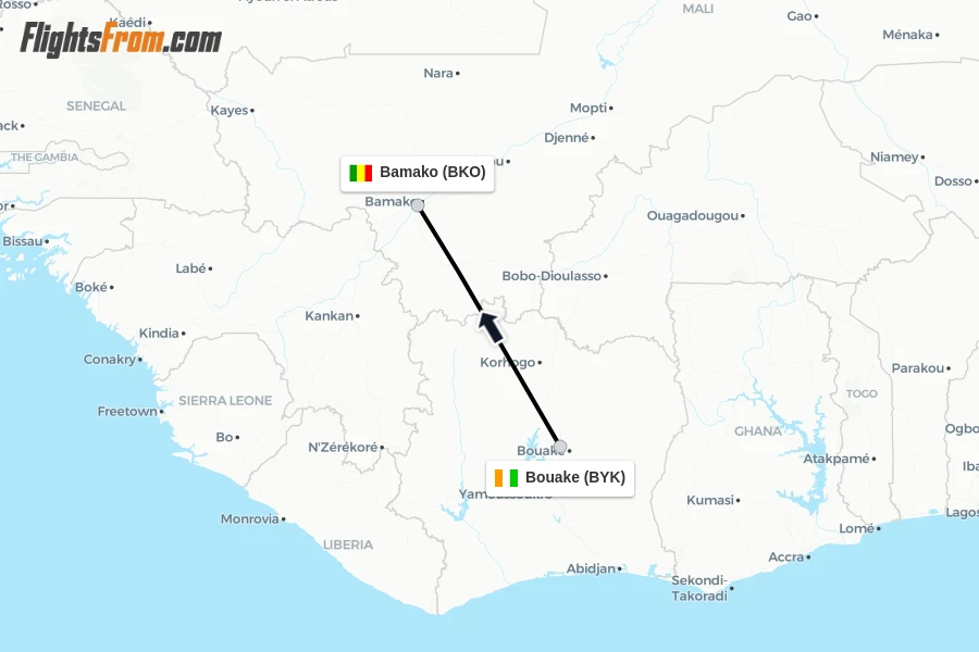 Flights from Bouake to Bamako route map