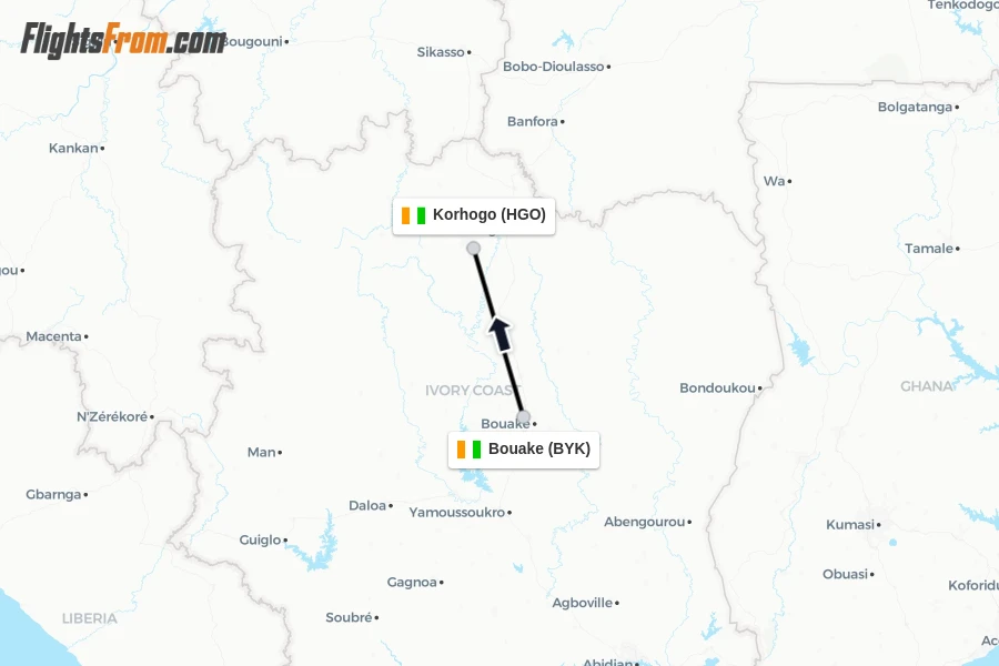 Flights from Bouake to Korhogo route map