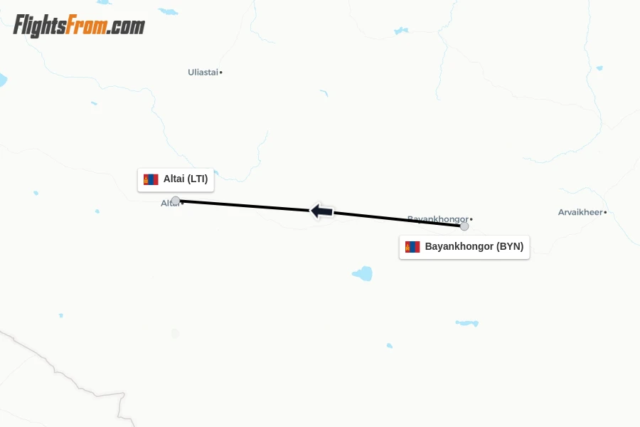 Flights from Bayankhongor to Altai route map
