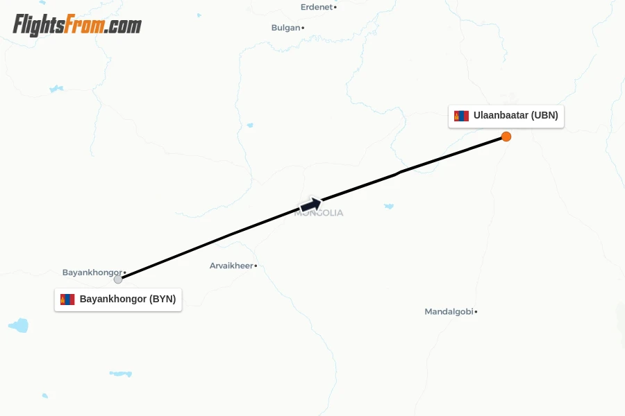 Flights from Bayankhongor to Ulaanbaatar route map
