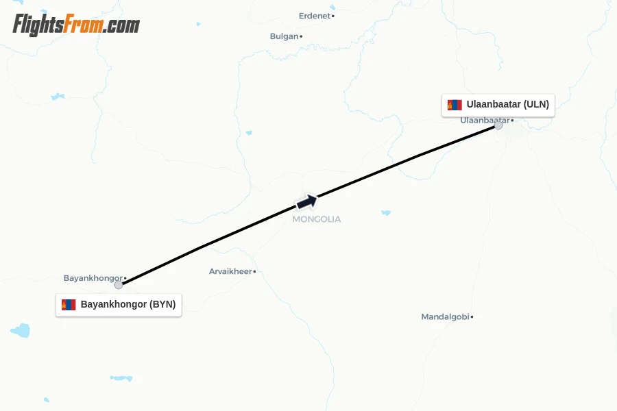 Flights from Bayankhongor to Ulaanbaatar route map
