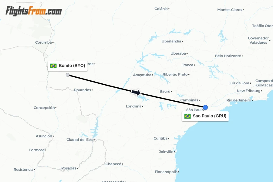 Flights from Bonito to Sao Paulo route map