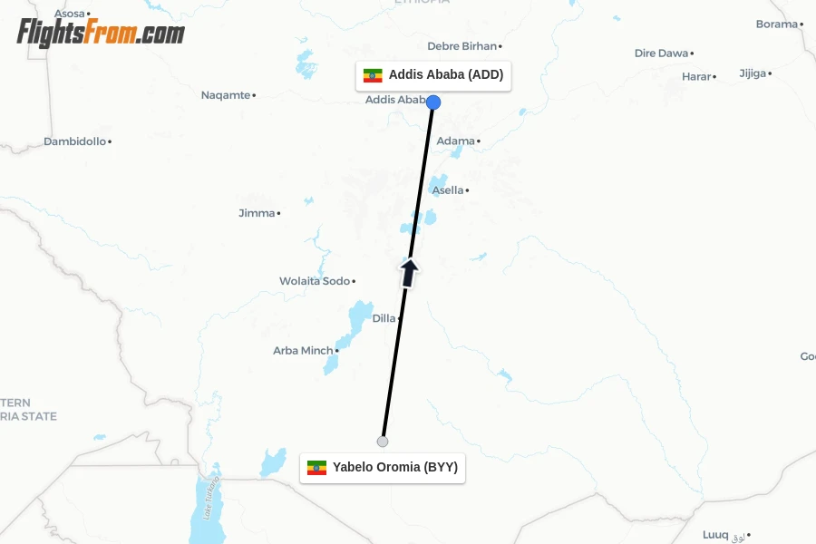 Flights from Yabelo Oromia to Addis Ababa route map