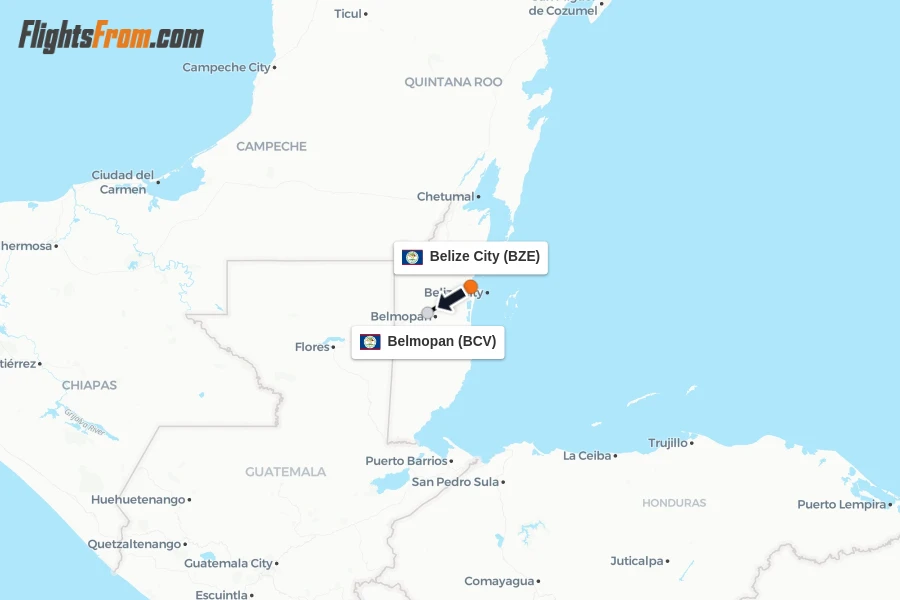 Flights from Belize City to Belmopan route map