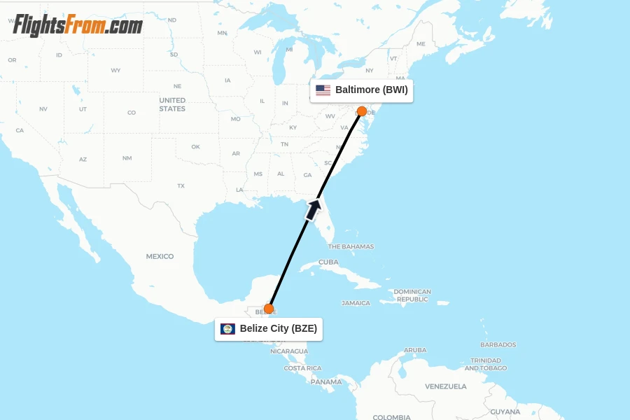 Flights from Belize City to Baltimore route map