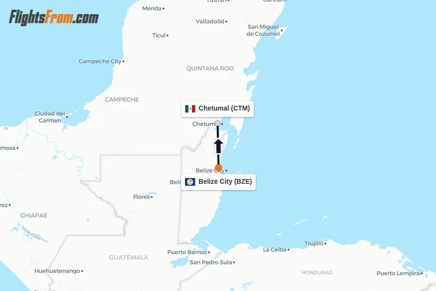 Flights from Belize City to Chetumal route map
