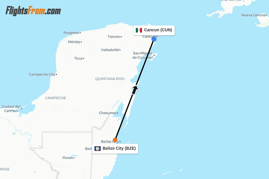 Flights from Belize City to Cancun route map