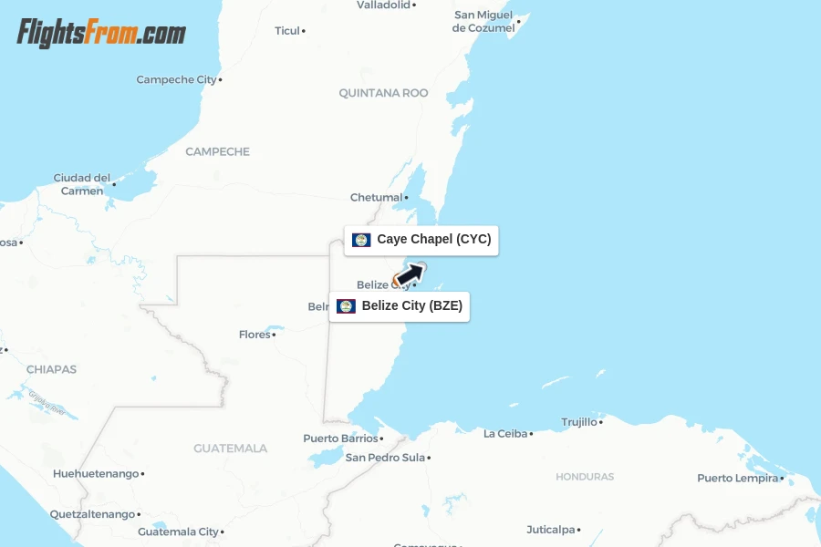 Flights from Belize City to Caye Chapel route map