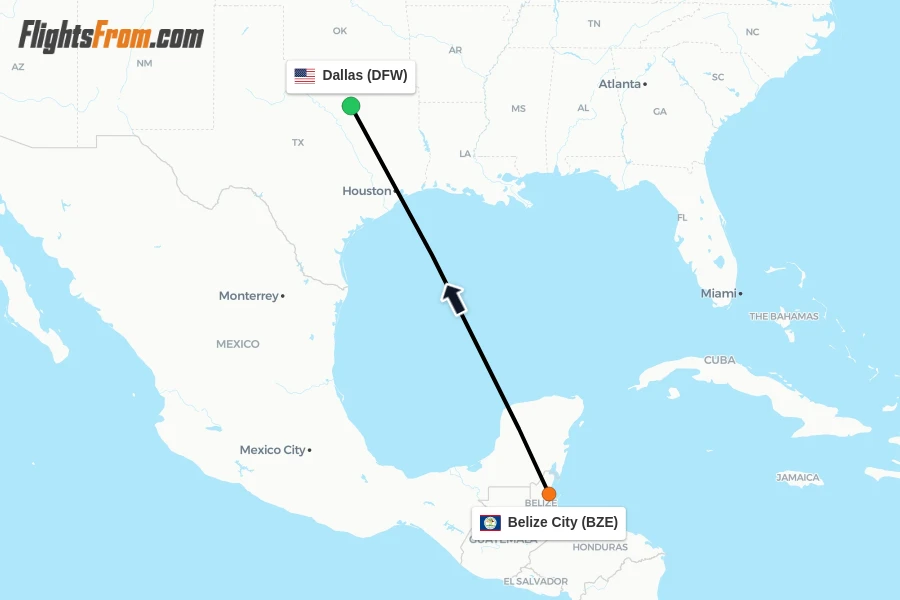 Flights from Belize City to Dallas route map