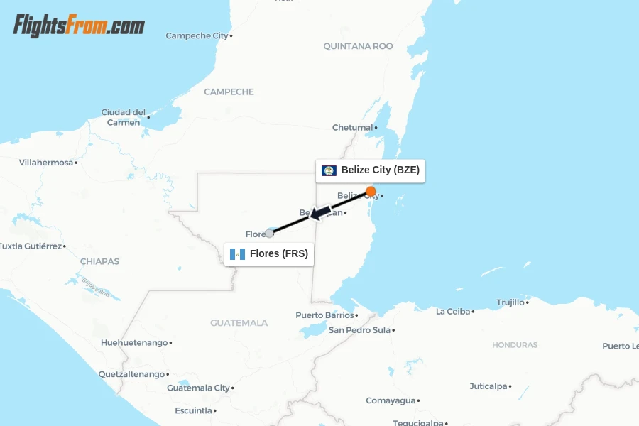 Flights from Belize City to Flores route map