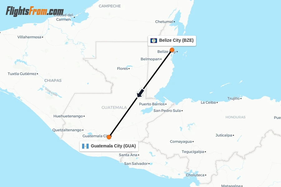 Flights from Belize City to Guatemala City route map