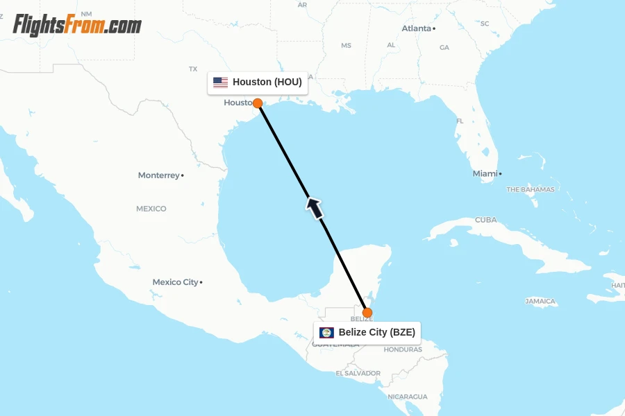 Flights from Belize City to Houston route map