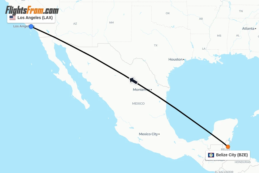 Flights from Belize City to Los Angeles route map