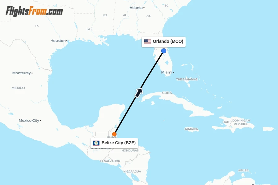Flights from Belize City to Orlando route map