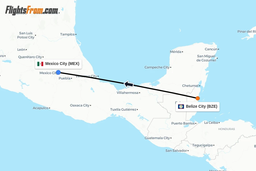 Flights from Belize City to Mexico City route map