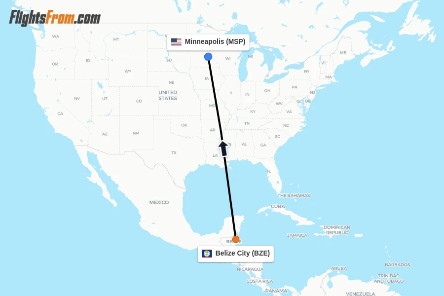 Flights from Belize City to Minneapolis route map