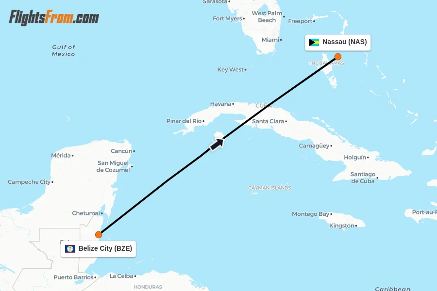 Flights from Belize City to Nassau route map