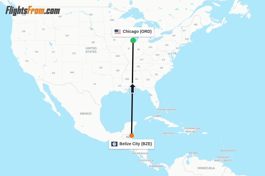 Flights from Belize City to Chicago route map