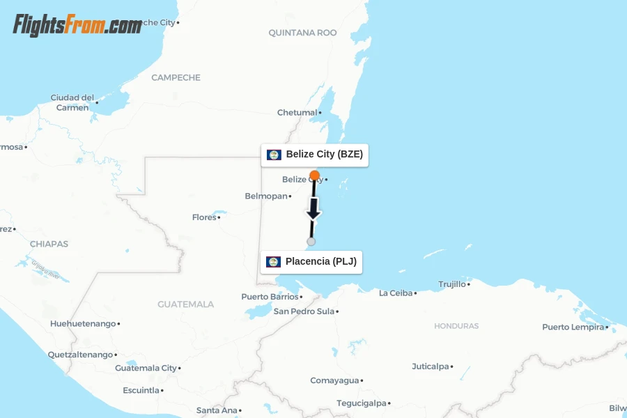 Flights from Belize City to Placencia route map