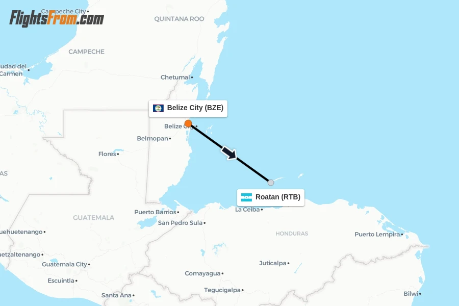 Flights from Belize City to Roatan route map