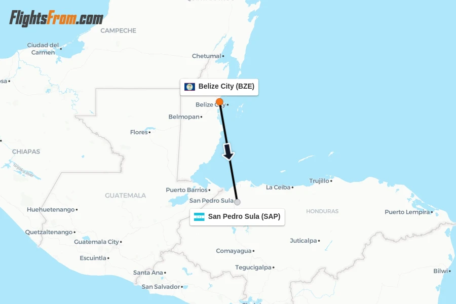 Flights from Belize City to San Pedro Sula route map