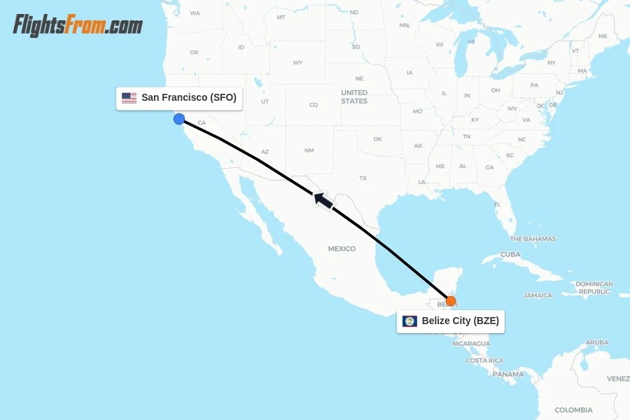 Flights from Belize City to San Francisco route map