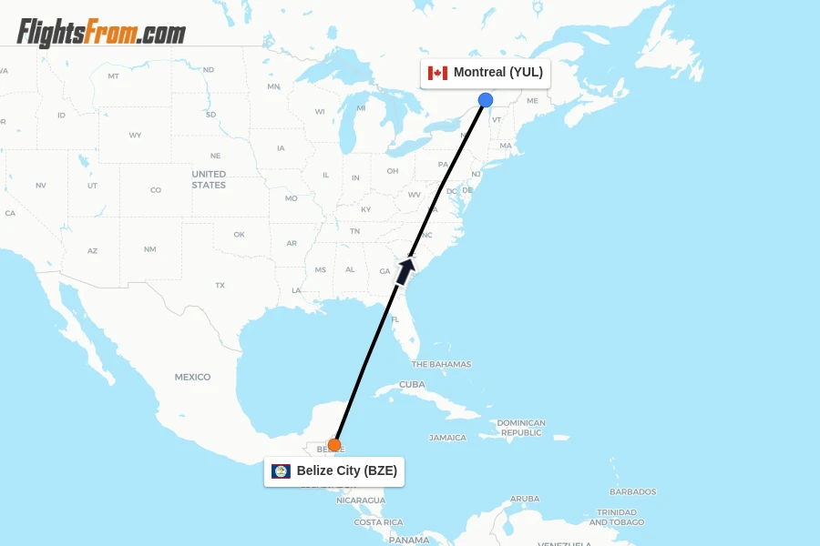 Flights from Belize City to Montreal route map